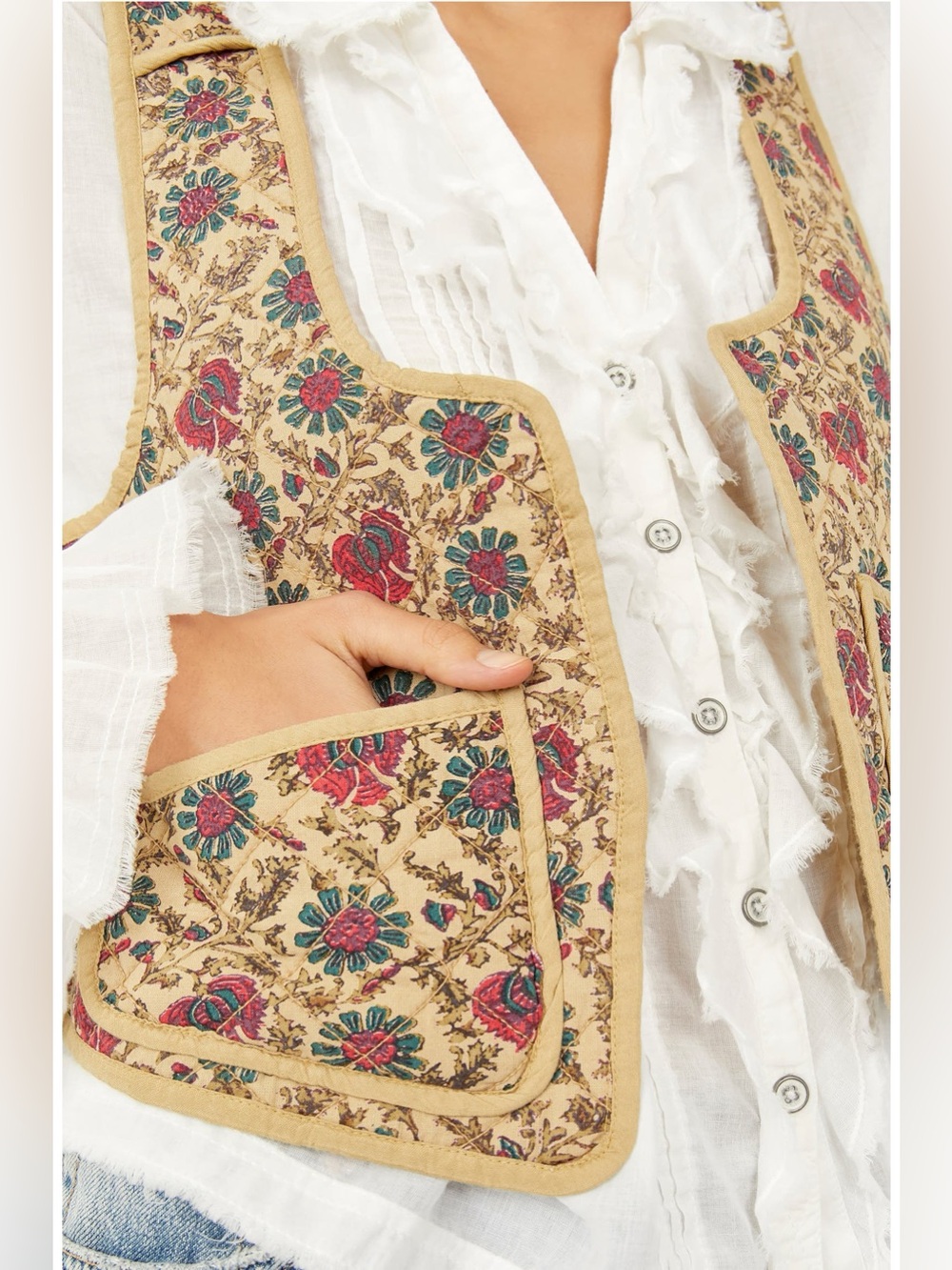 Free People Kenzie Quilted Vest Large Floral Open Front Contrast Trim Neutral